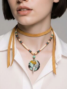 Suede Tie Neck W Bone N Turquoise  W Fetish Accent . Navajo Made.